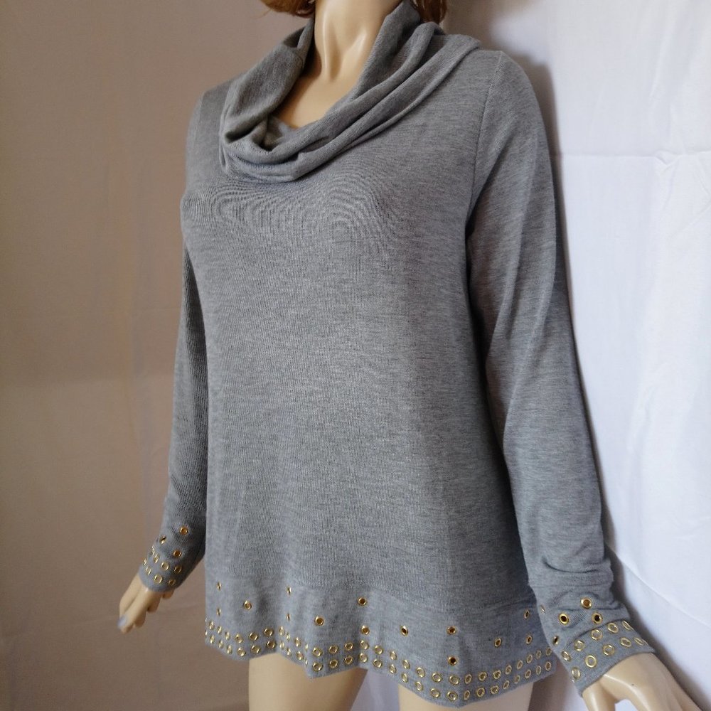 NWT $69 BELLDINI Gray Cowl-Over Sweater Textured Knit with Golden Accents, Sz L